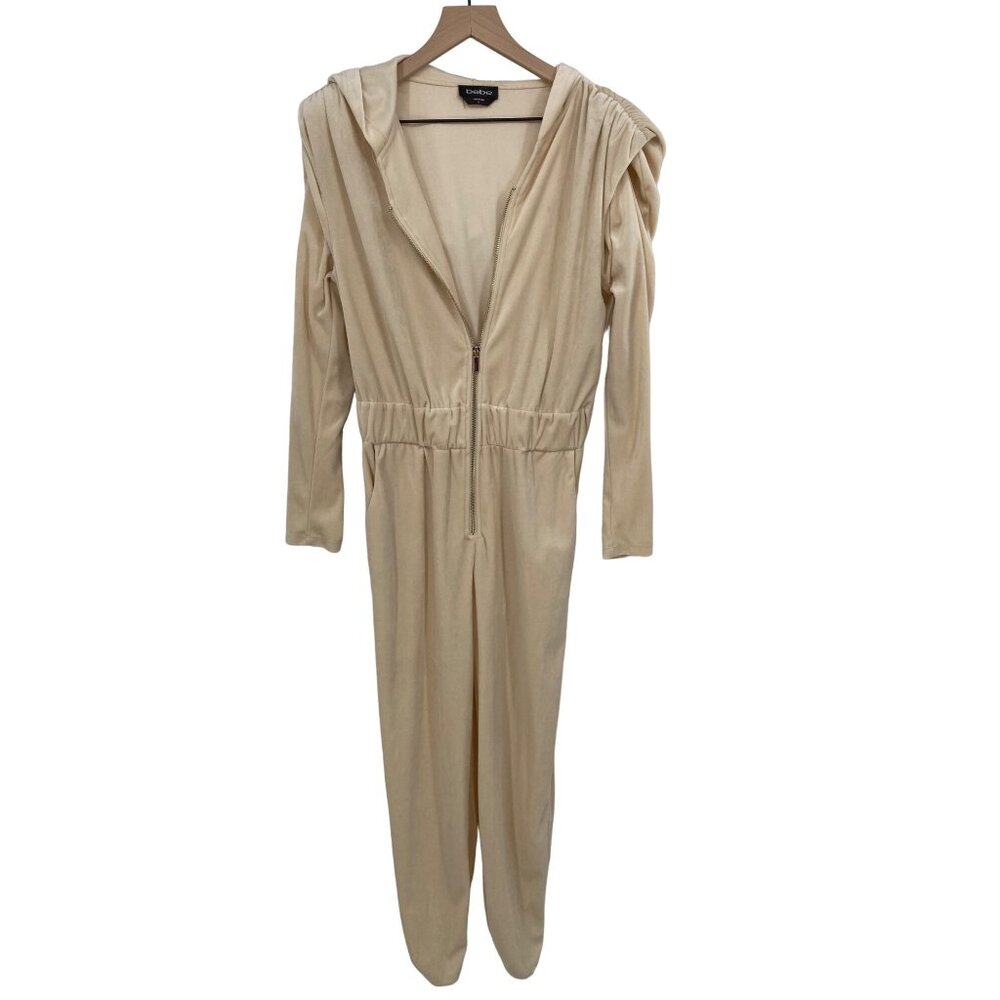 BEBE VELVET BEIGE FRONT ZIP CINCHED SHOULDER SMALL JOGGER JUMPSUIT LONG SLEEVE